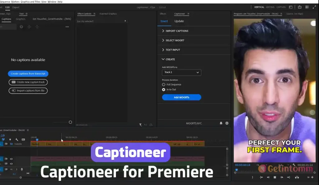 Aescripts Captioneer 1.6.4 Download (Latest 2026) | GetintoMM 2 Aescripts Captioneer interface in Adobe Premiere Pro